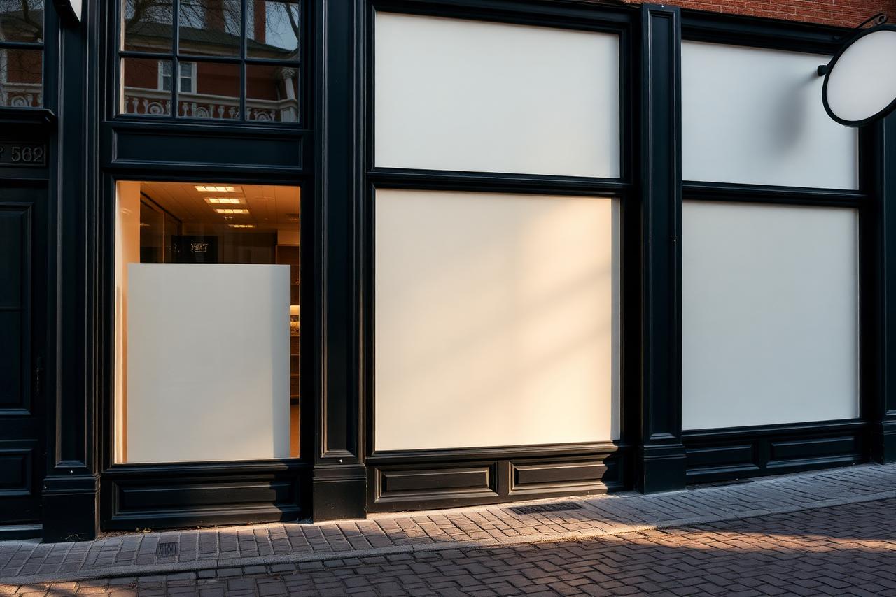 Butiksfacade i Odense med rene ruder tidligt om morgenen